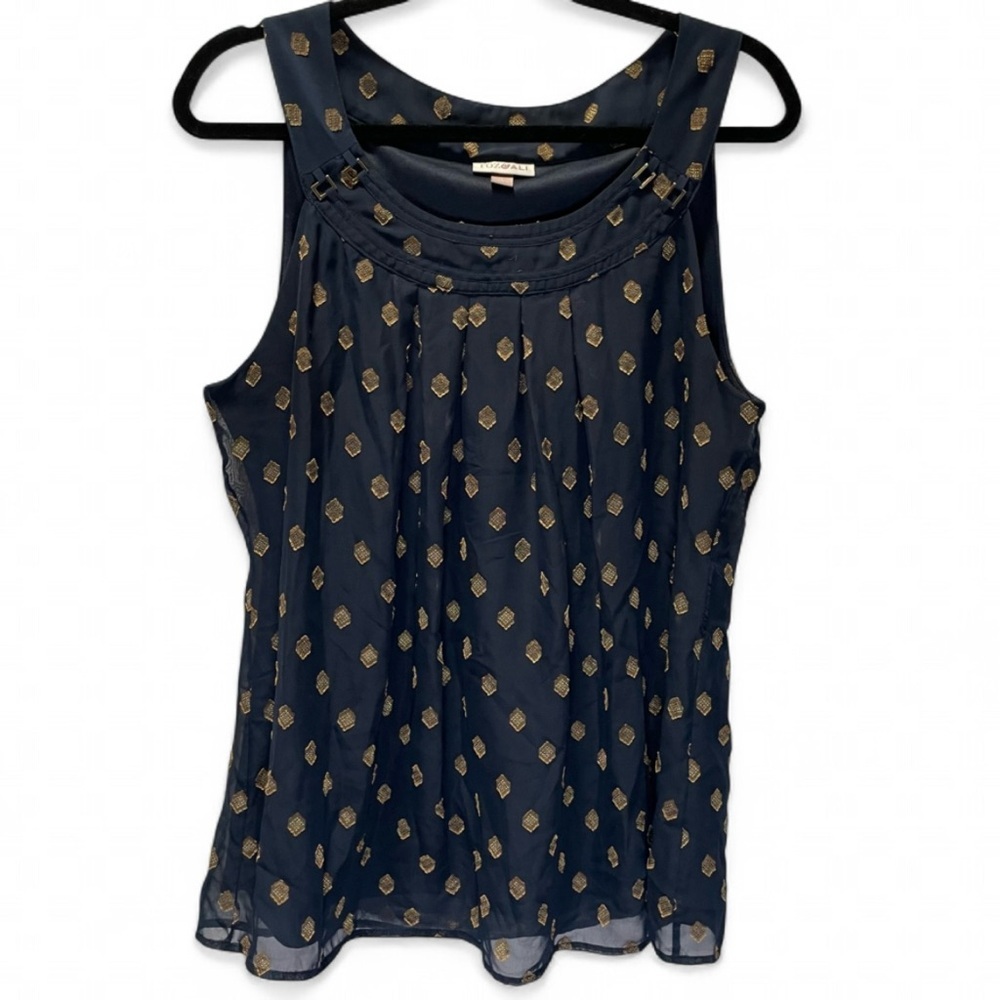 Roz & Ali Pleated Tank Top Blouse Navy Gold Metallic Diamond L Geometric Dressy